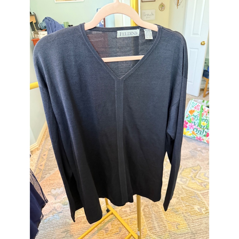 Feldini Women's XL/XG Black 100% Silk V-Neck Long Sleeve Knit Sweater Top‎